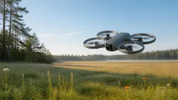 Kompakt nybörjardrönare med heltäckande propellerskydd i låg flygning över en äng