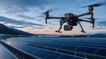 Industridrönare med dubbel optisk och termisk sensor över rader av solpaneler