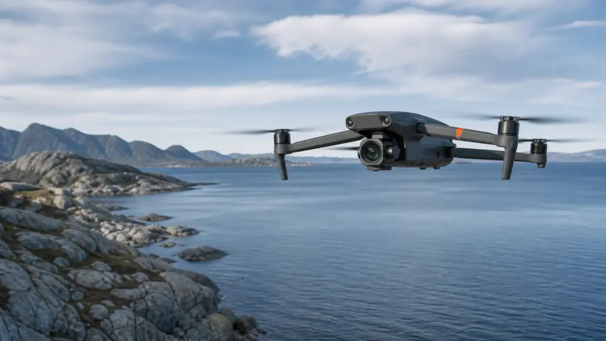 Kompakt kameradrönare med stabiliserad frontkamera i flygning över en klippig skärgård